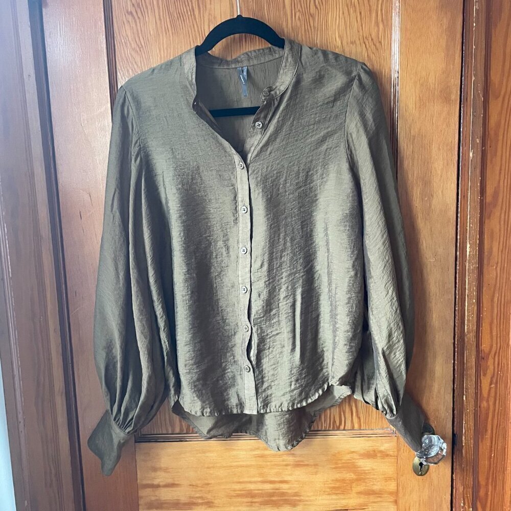 Anthropologie Olive Green Button Up Silky Blouse size Small